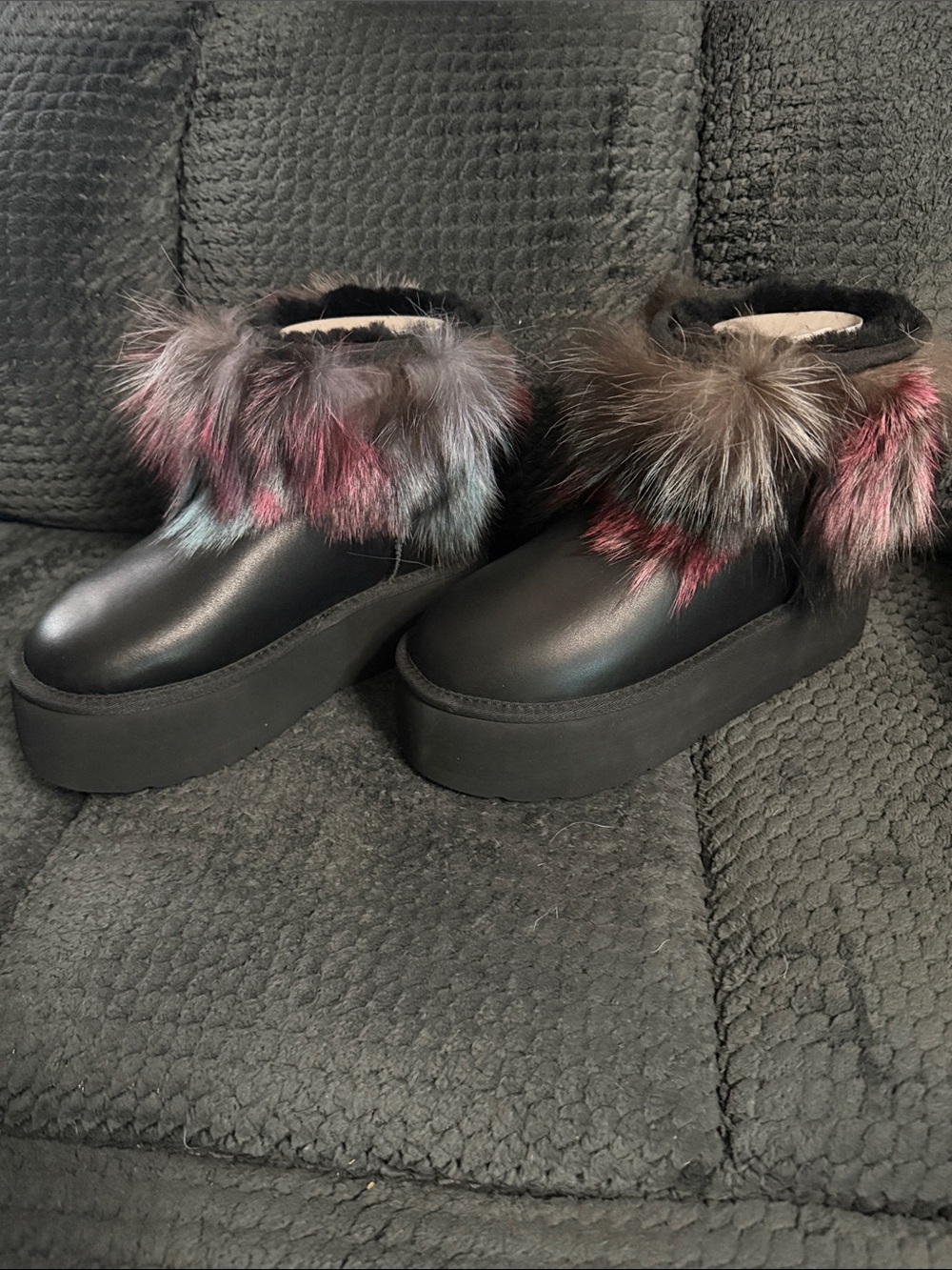 Black Platform Fur-Trim Ankle Booties - Women's Au&Mu